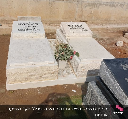 מצבות אבן עם כיתוב בעברית ופרחים ביניהן